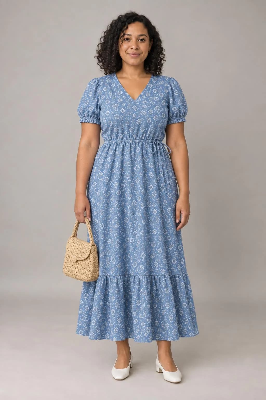 Example option B: the same fictional woman in the blue garden party