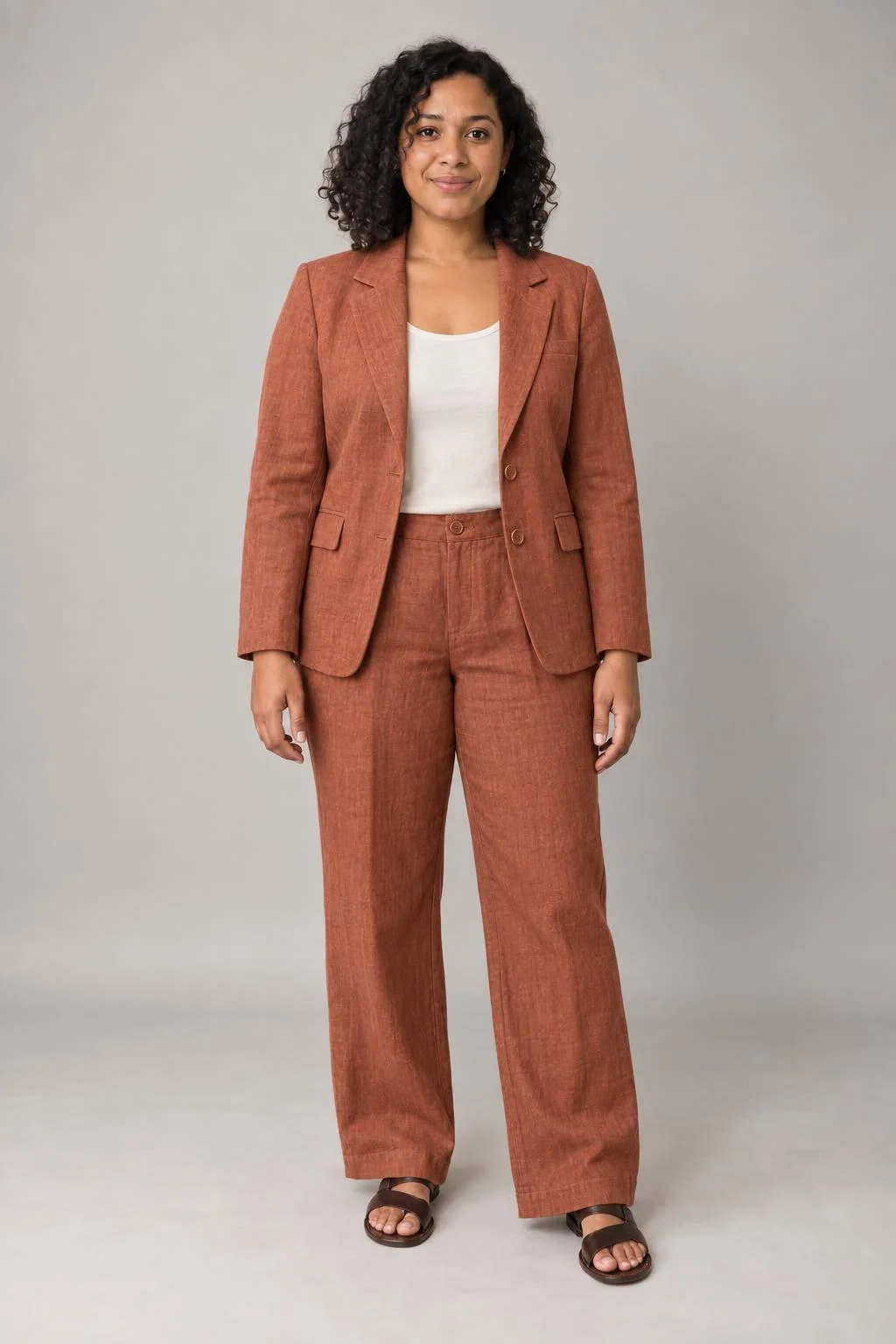 Example option A: the same fictional woman in the linen suit
