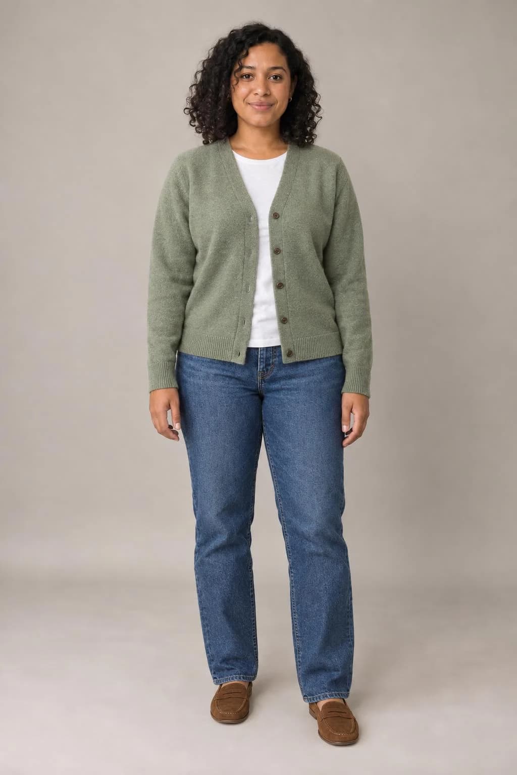 Example option B: the same fictional woman in the sage cardigan