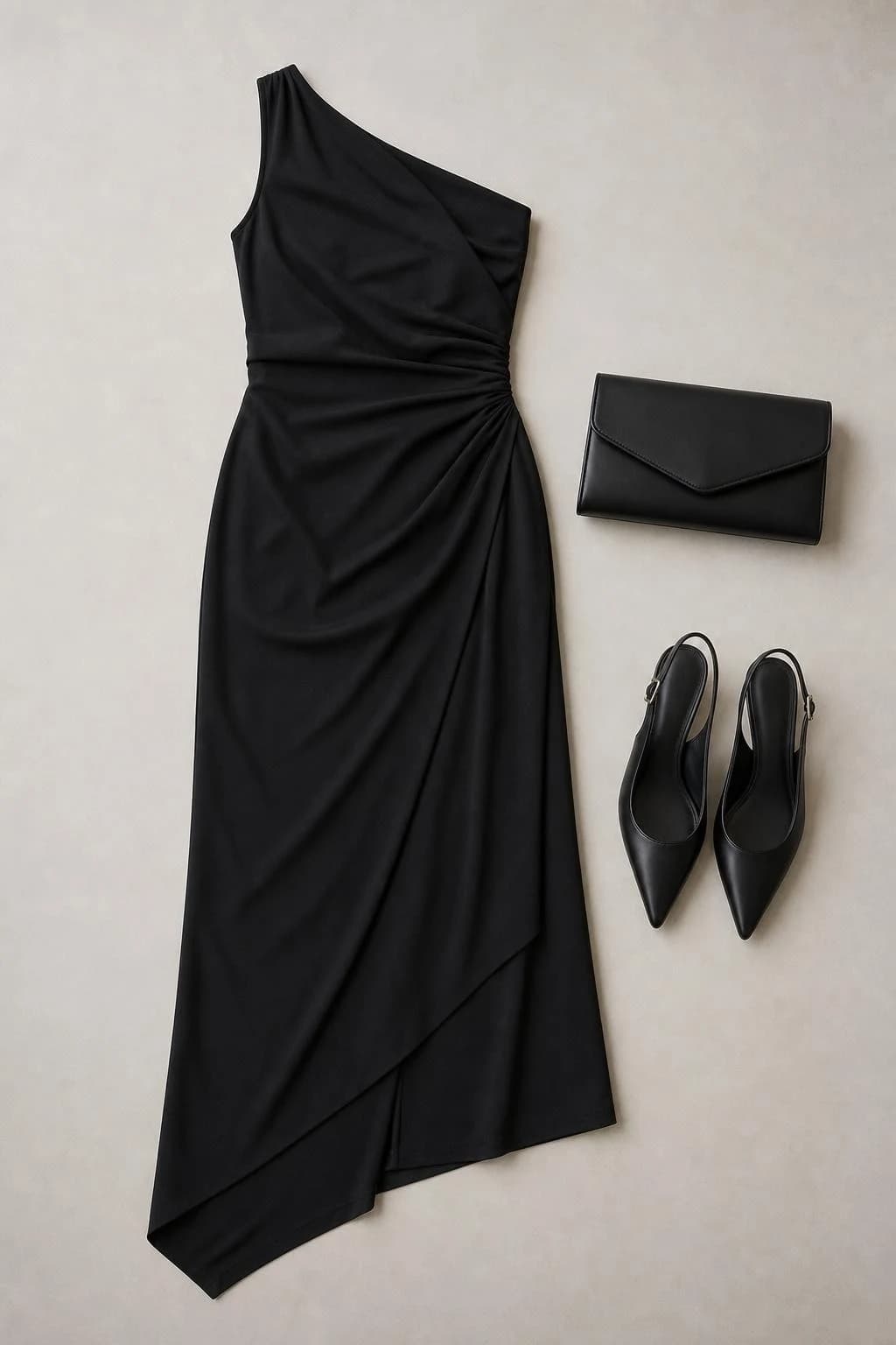Black asymmetric draped midi dress, black slingbacks and black clutch