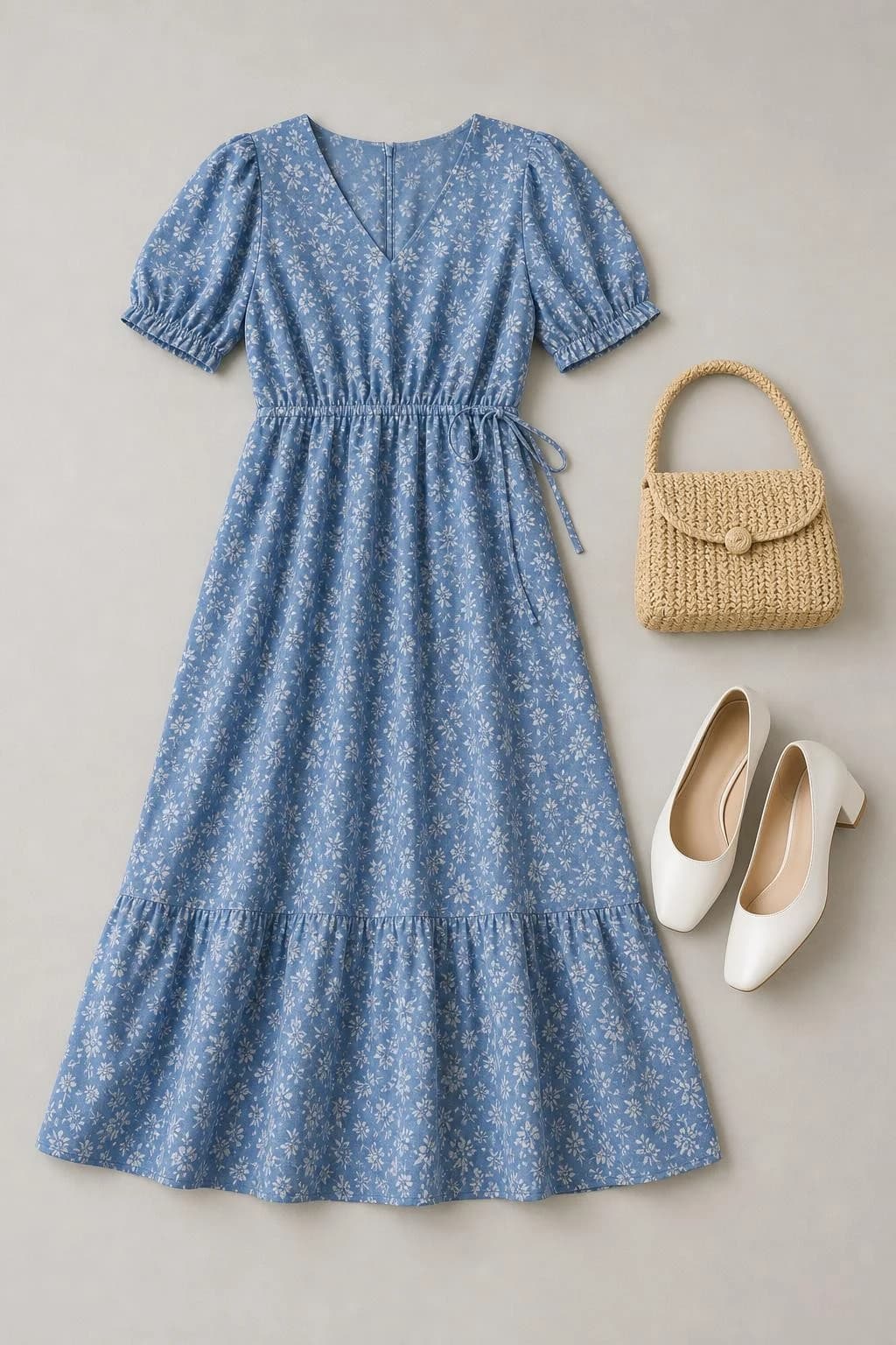 Blue floral cotton midi dress, white low heels and small woven handbag