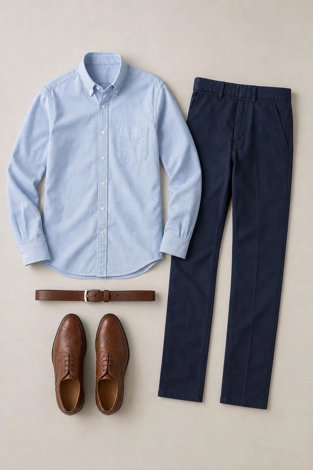 Blue Oxford shirt, navy chinos and brown brogues