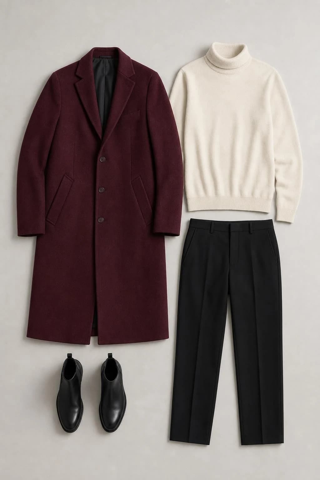 Burgundy wool overcoat, cream roll-neck, black trousers and black ankle boots