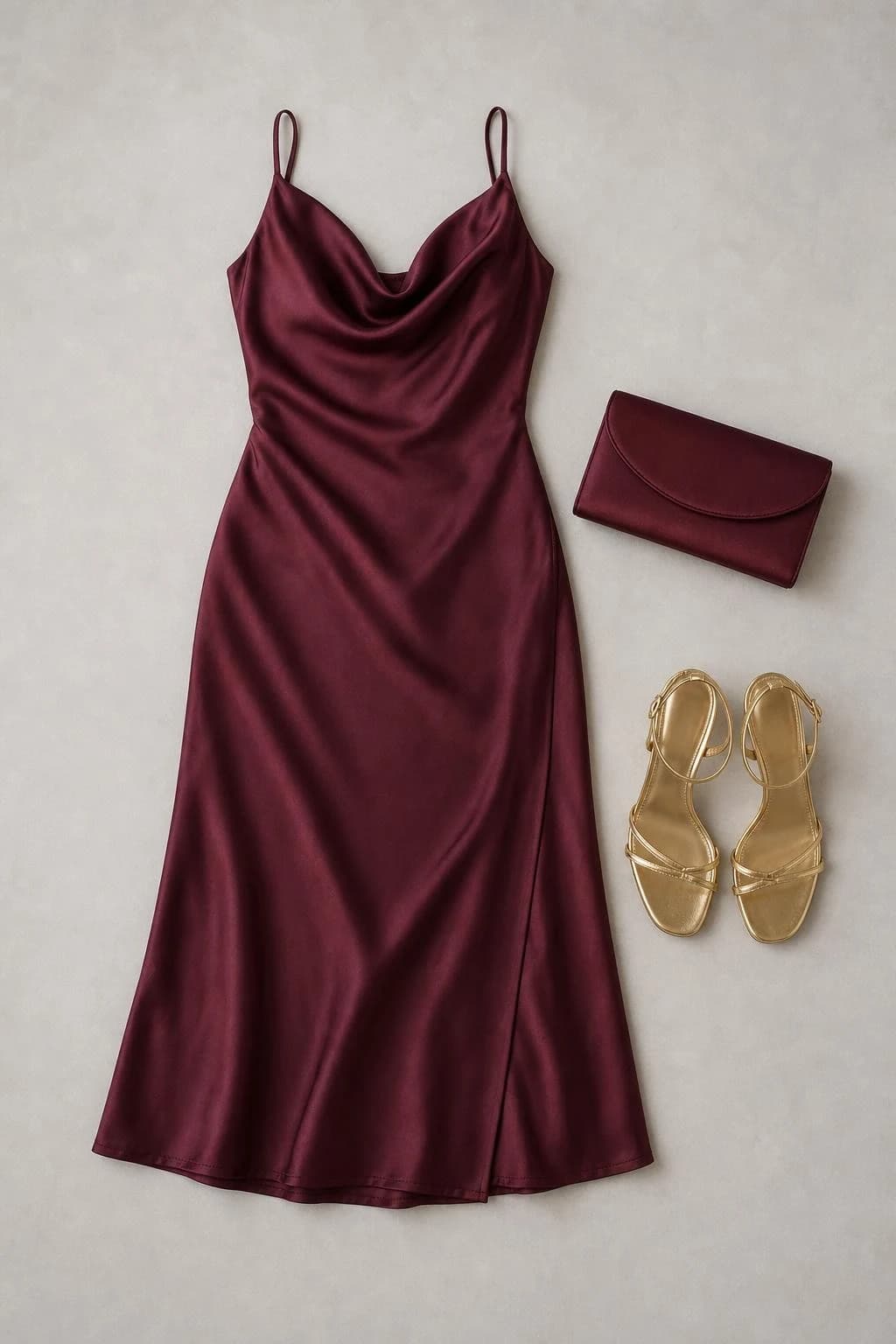 Burgundy satin cowl-neck midi dress, gold sandals and burgundy clutch