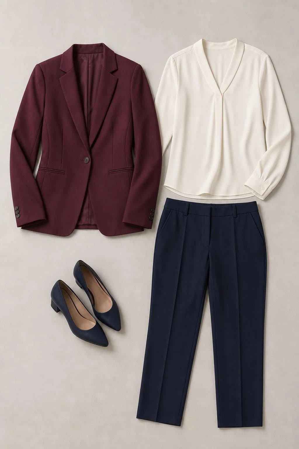 Burgundy blazer, ivory blouse, navy trousers and navy low heels