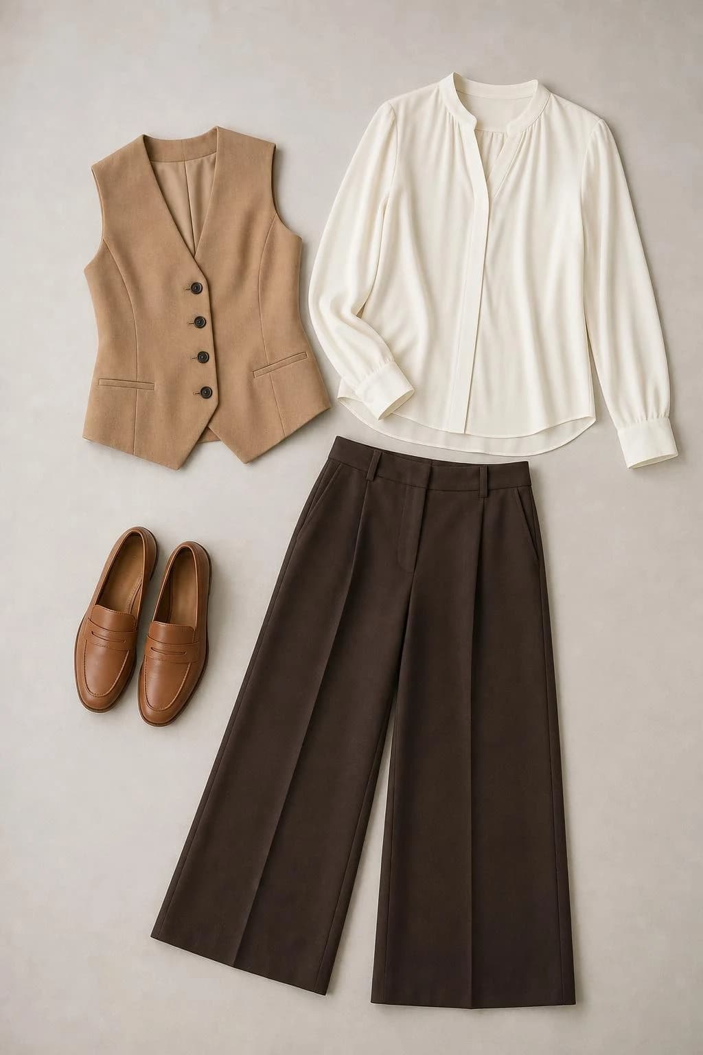 Camel vest, ivory blouse, brown trousers and loafers