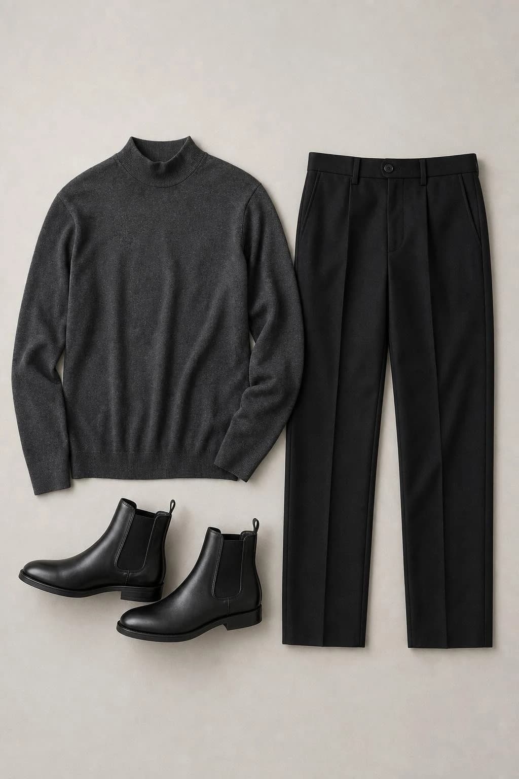 Charcoal fine-knit mock-neck top, black wool trousers and black Chelsea boots