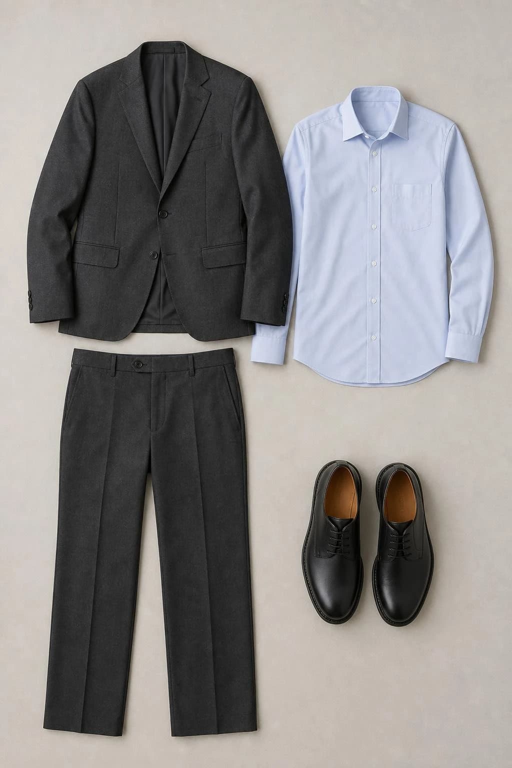 Charcoal suit, pale blue shirt and black derbies