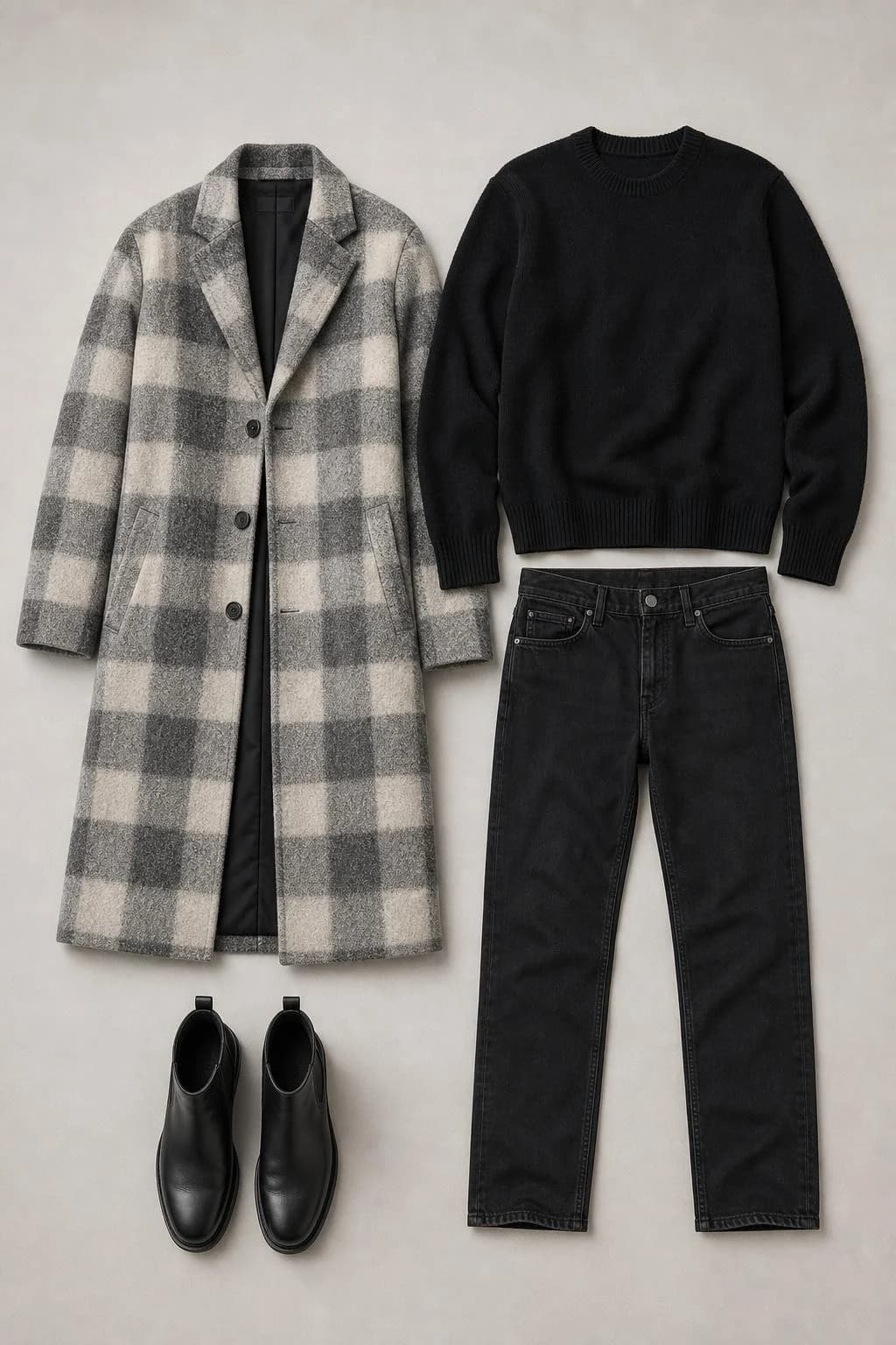 Gray and cream check wool coat, black sweater, black jeans and black leather boots