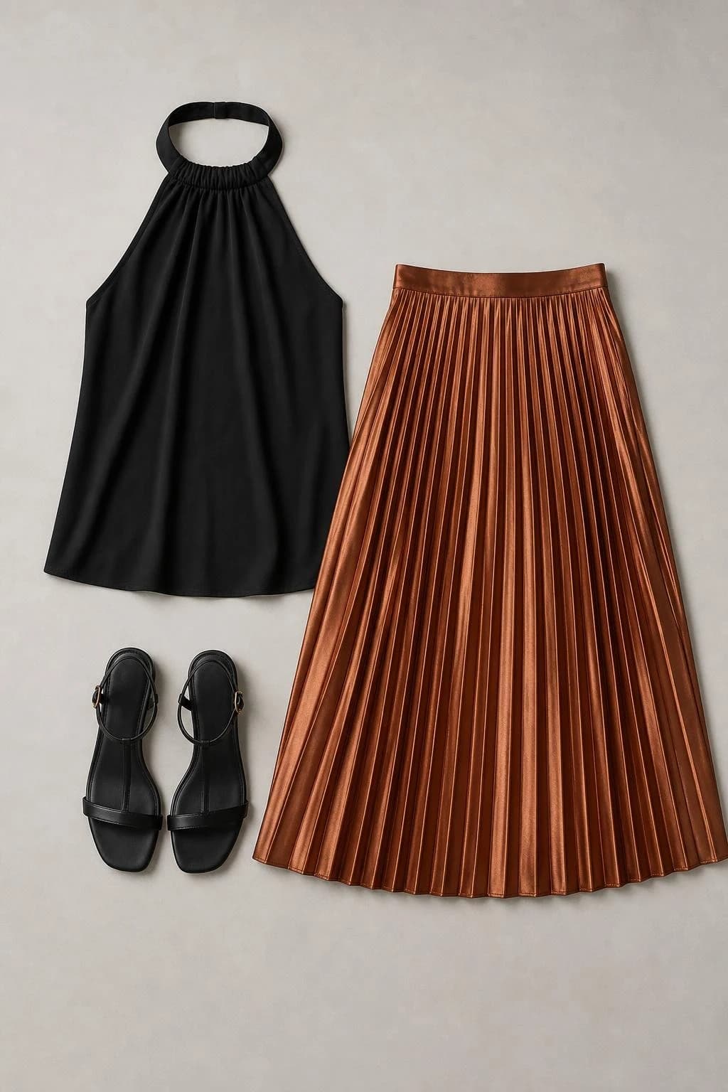Black halter-neck top, copper pleated midi skirt and black sandals