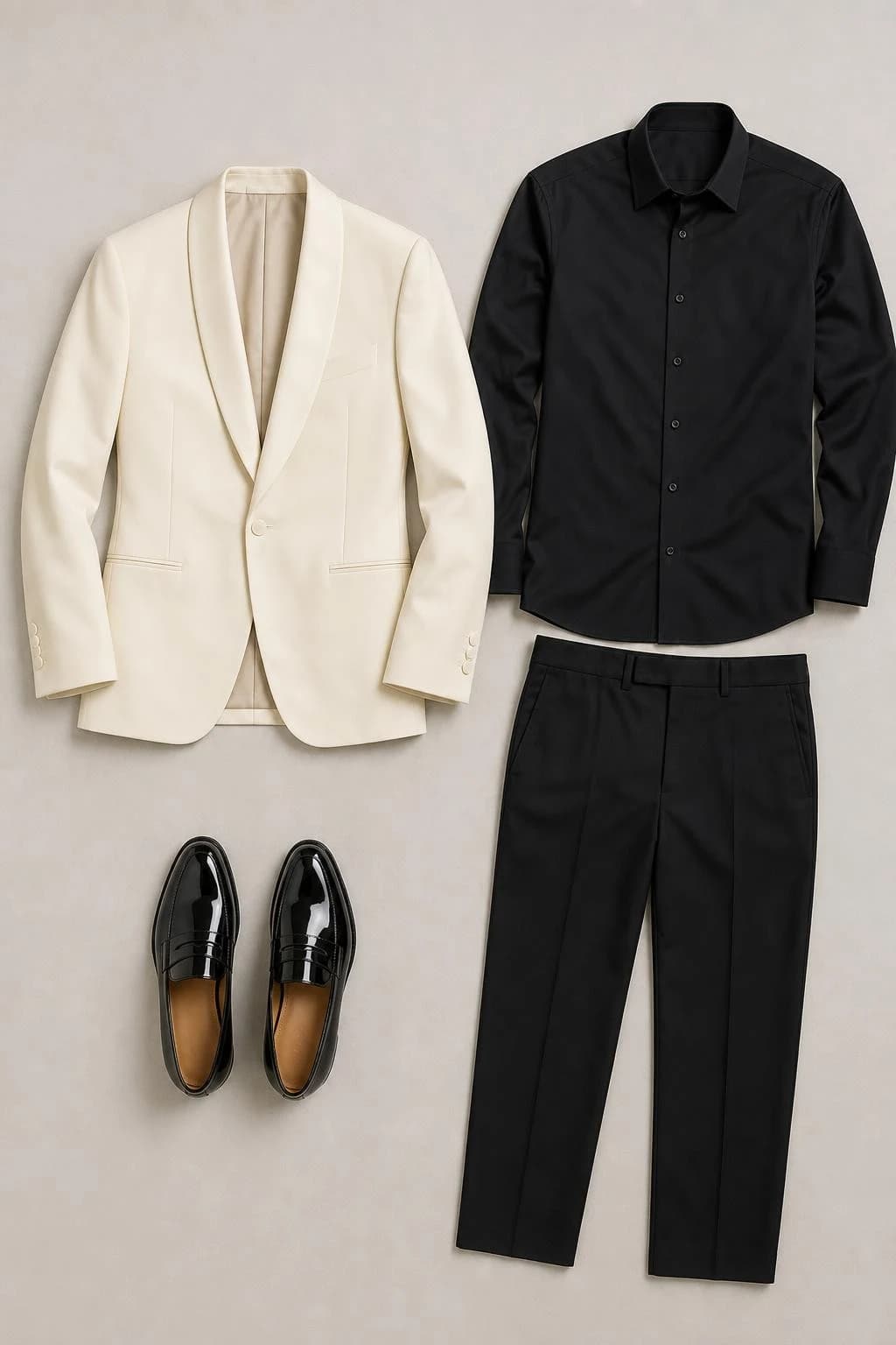 Cream dinner jacket, black shirt, black trousers and patent black loafers
