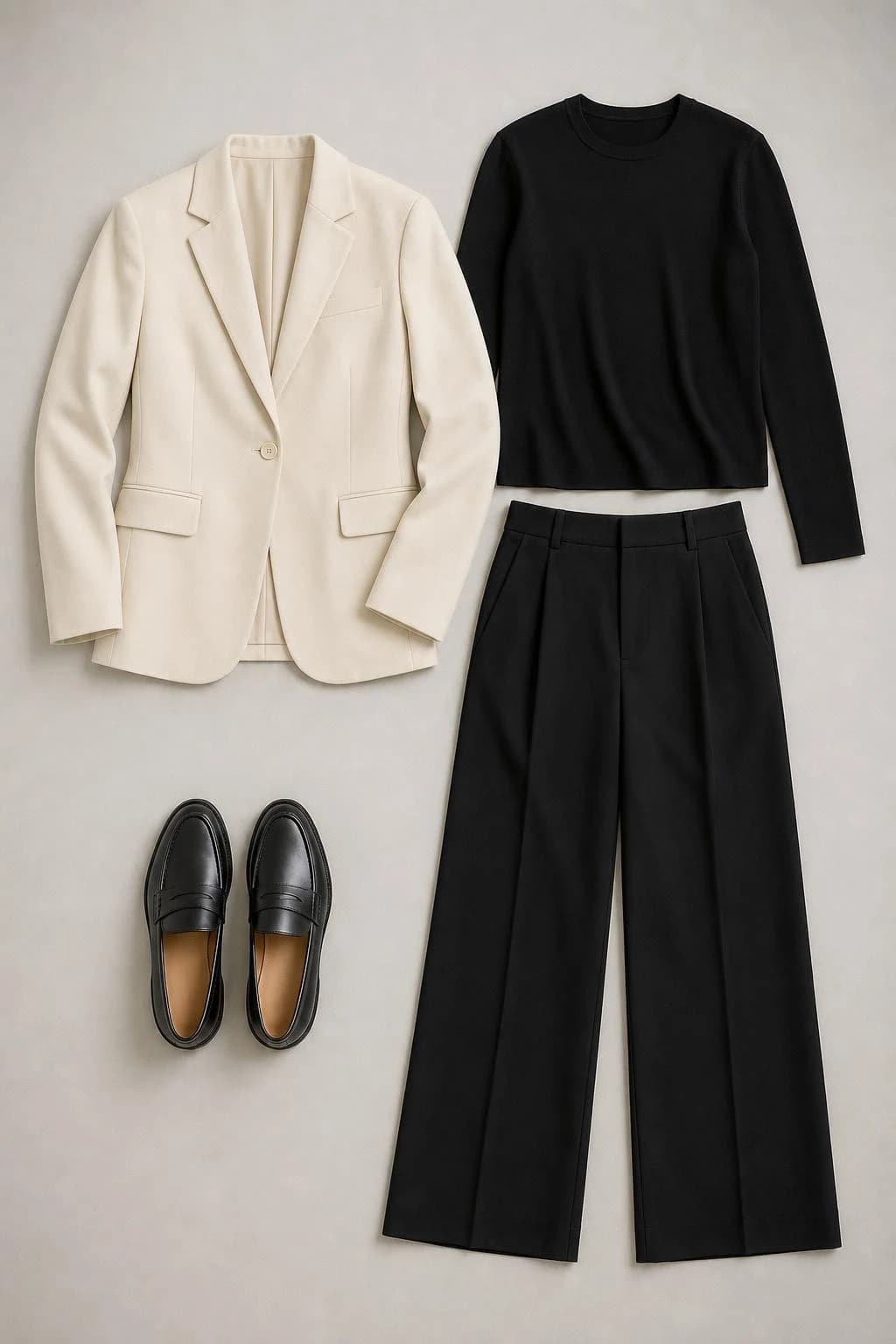 Cream blazer, black knit top, trousers and loafers