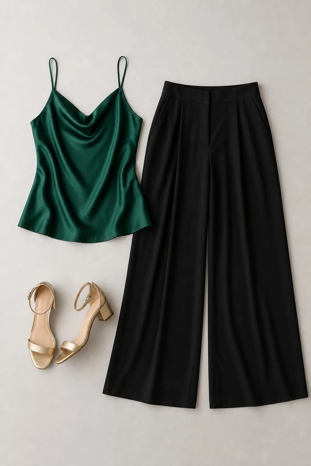 Emerald satin camisole, black palazzo trousers and gold low heels