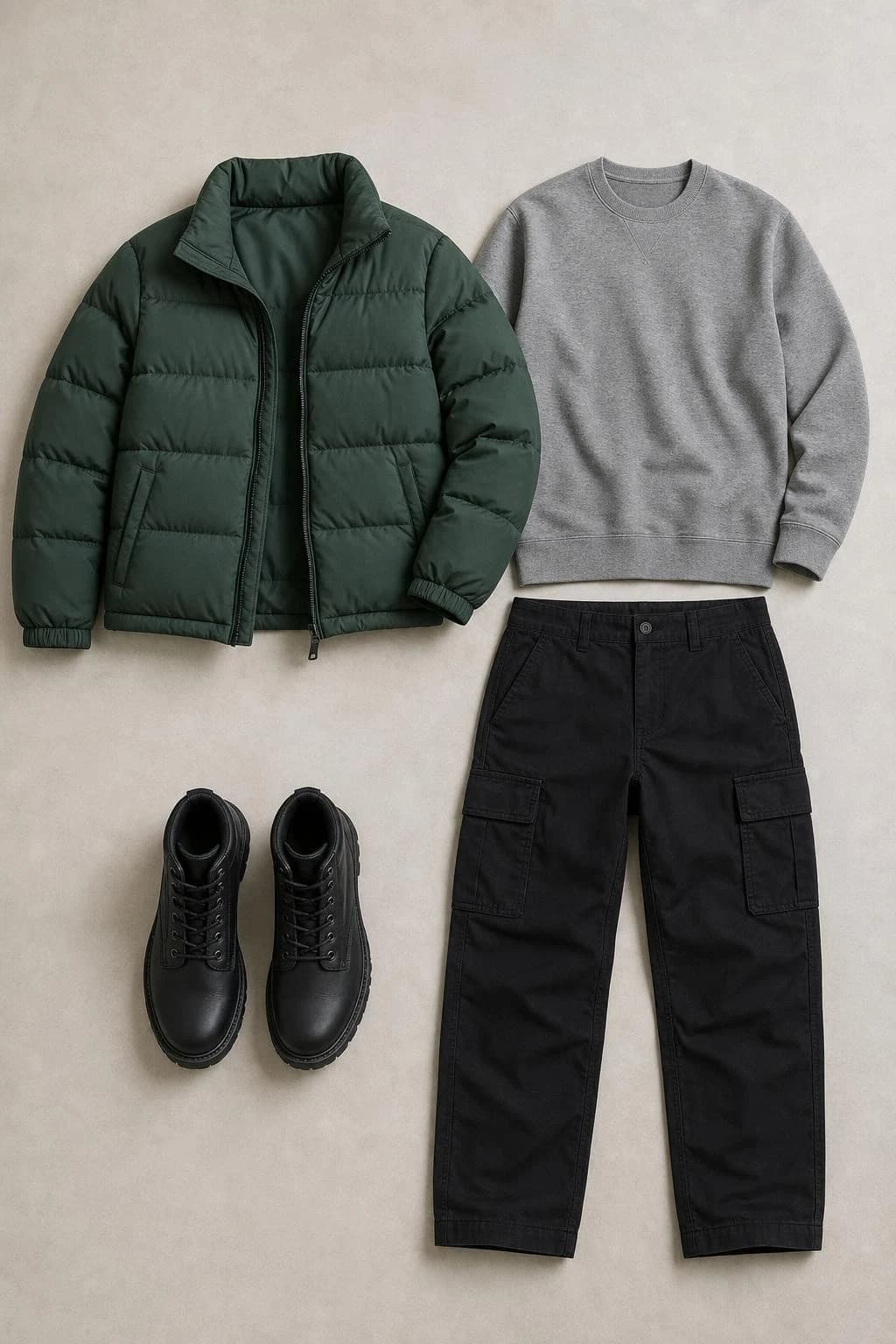 Forest puffer, gray sweatshirt, cargos and boots
