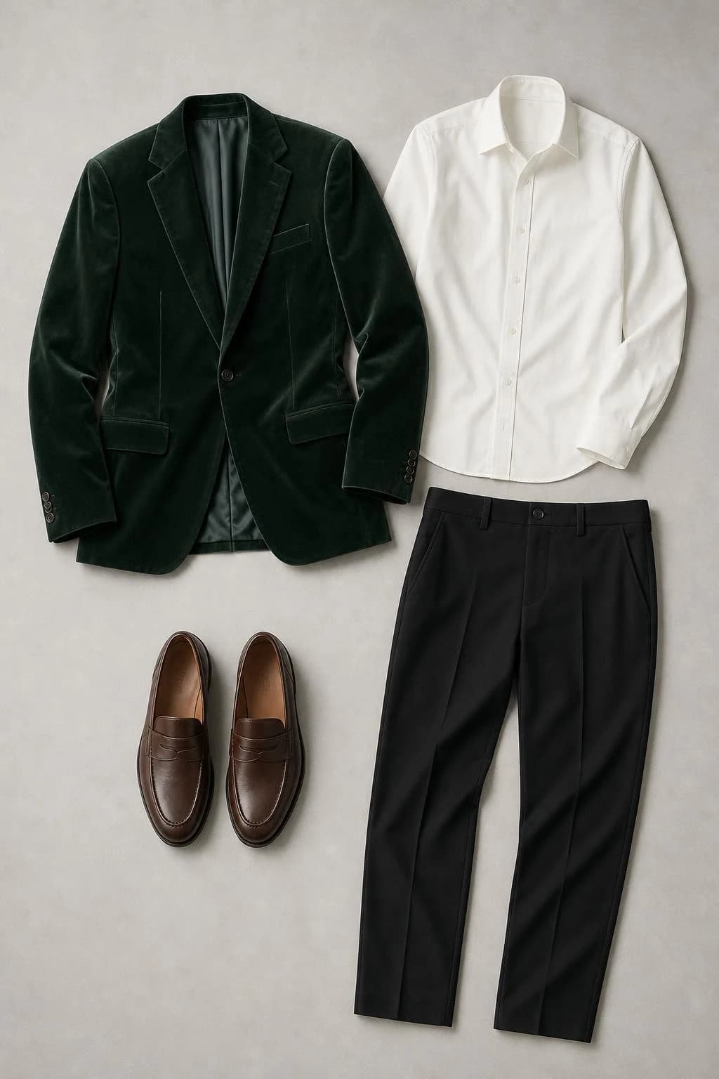 Forest-green velvet blazer, ivory shirt, black trousers and brown loafers
