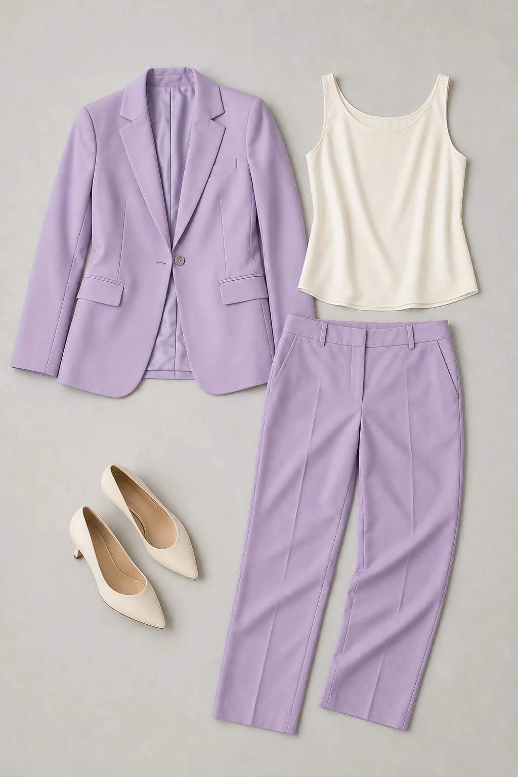 Lilac blazer and matching trousers, cream shell top and cream low heels