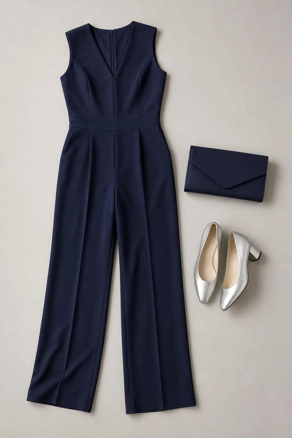 Midnight-blue sleeveless tailored jumpsuit, silver low heels and navy clutch