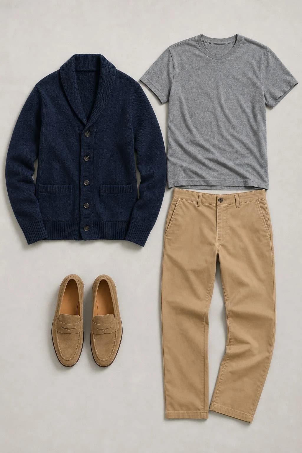 Navy shawl-collar cardigan, gray tee, tan chinos and suede loafers