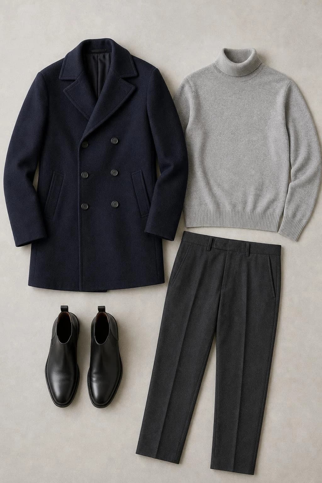 Navy peacoat, gray roll-neck, trousers and boots