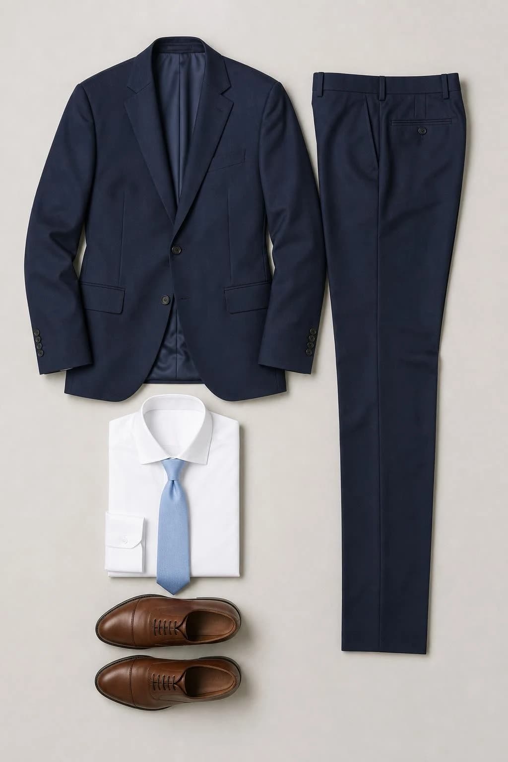 Navy suit, white shirt, pale blue tie and brown Oxford shoes