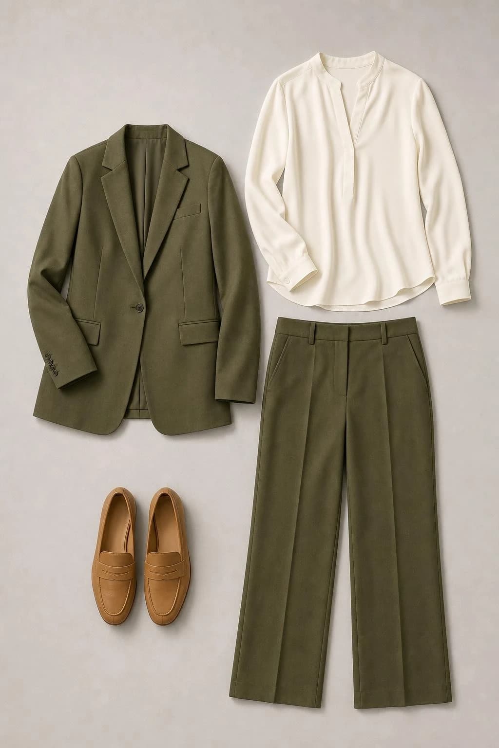 Olive blazer and straight-leg trousers, cream blouse and tan loafers