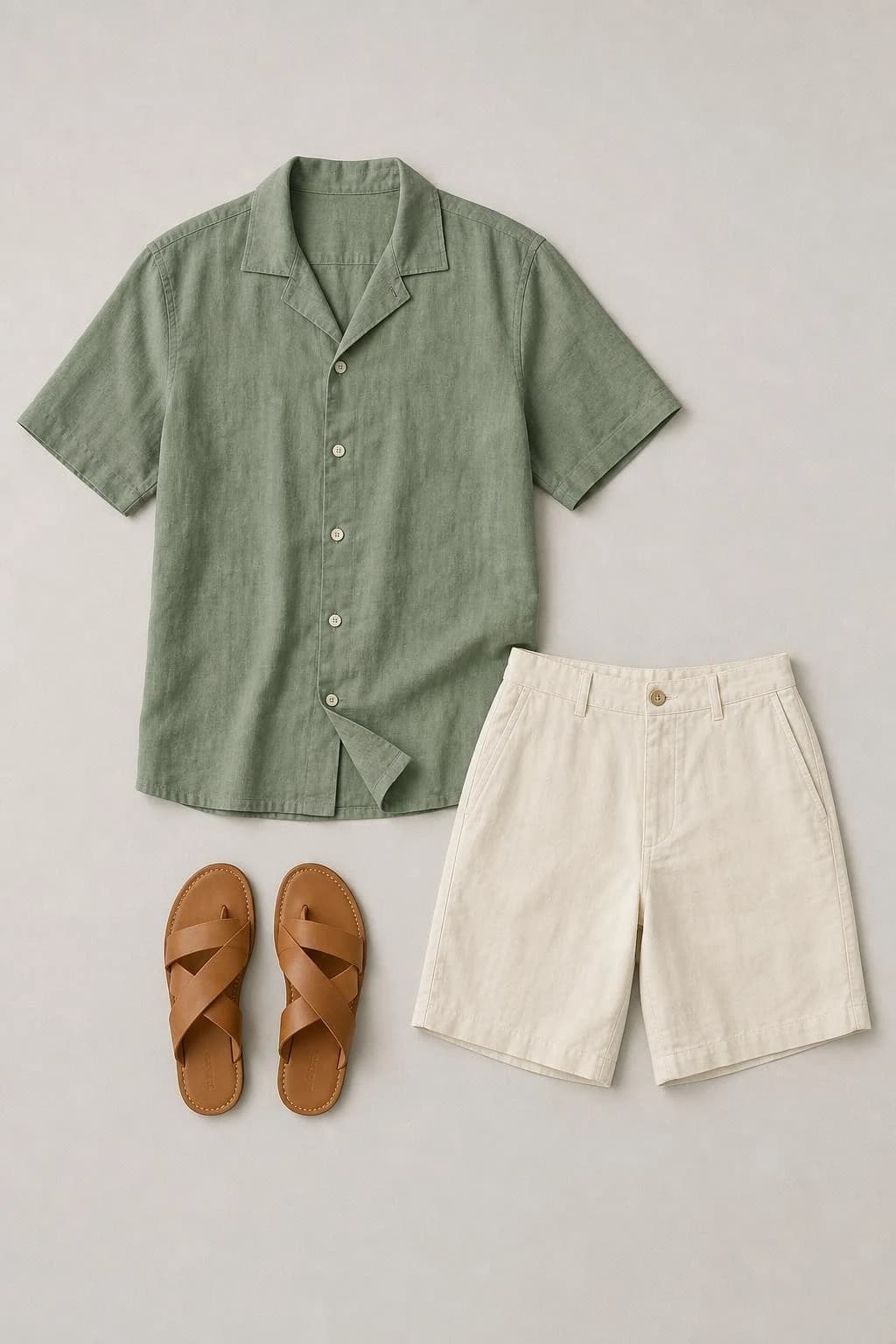 Palm-green linen camp shirt, ivory shorts and tan leather sandals