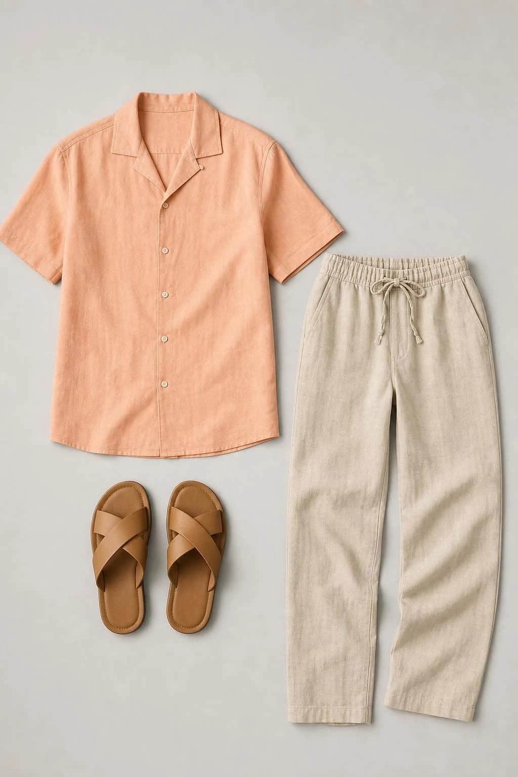 Peach camp-collar shirt and drawstring linen trousers with tan sandals