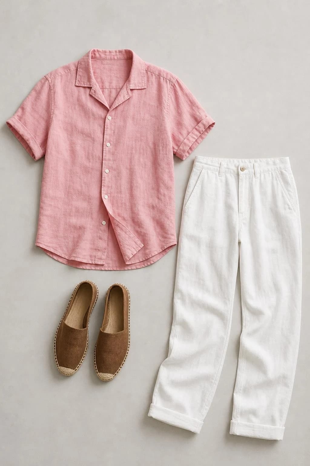 Pink short-sleeve linen shirt, white relaxed trousers and brown espadrilles