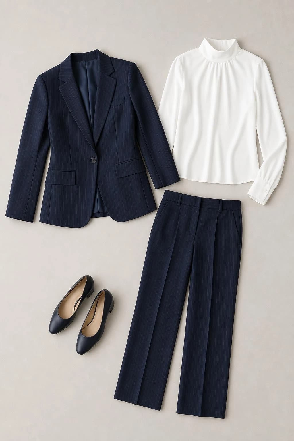 Navy pinstripe suit, white blouse and low heels