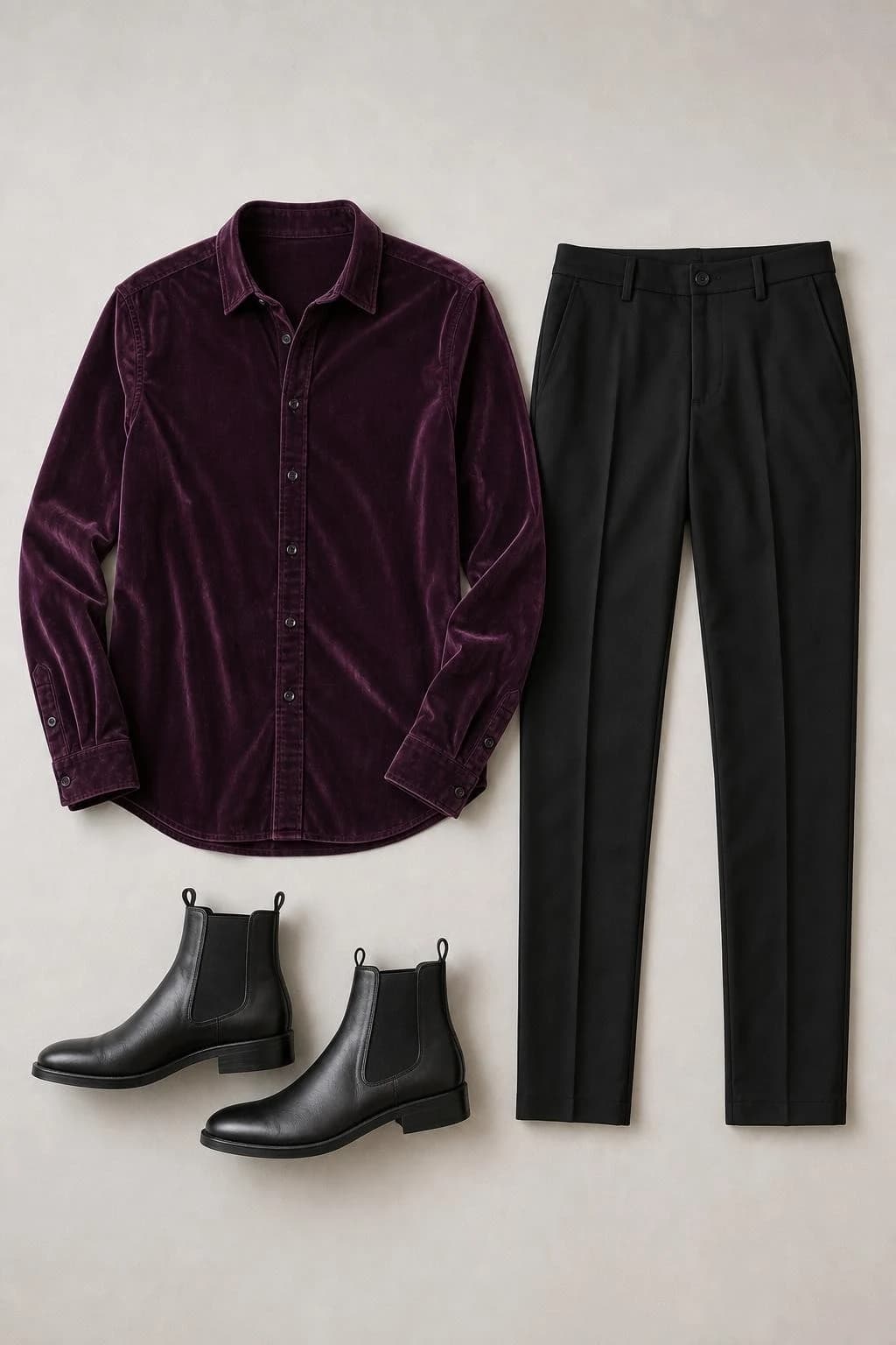 Plum velvet button-up shirt, black slim trousers and black leather boots
