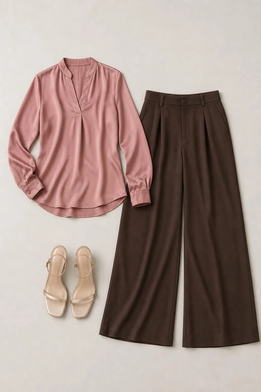 Dusty rose silk blouse, chocolate palazzo trousers and champagne sandals