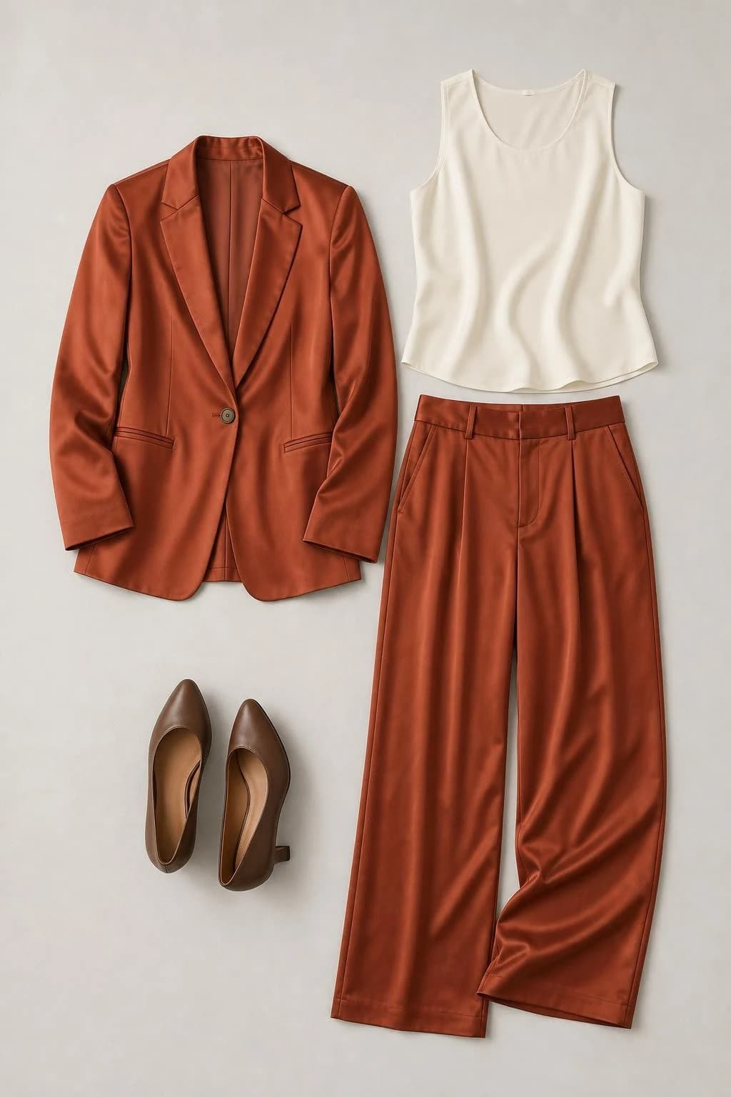 Rust satin blazer and fluid trousers, cream shell top and brown low heels