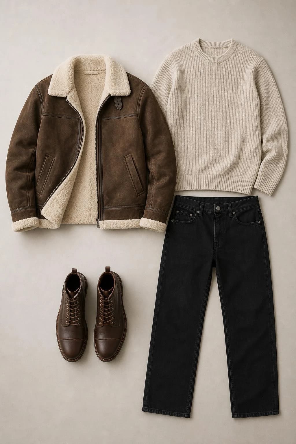 Brown shearling jacket, oatmeal knit, jeans and boots