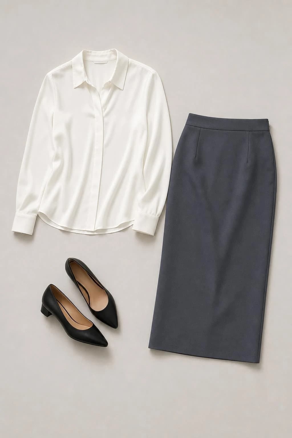 White silk blouse, slate pencil midi skirt and black low pumps