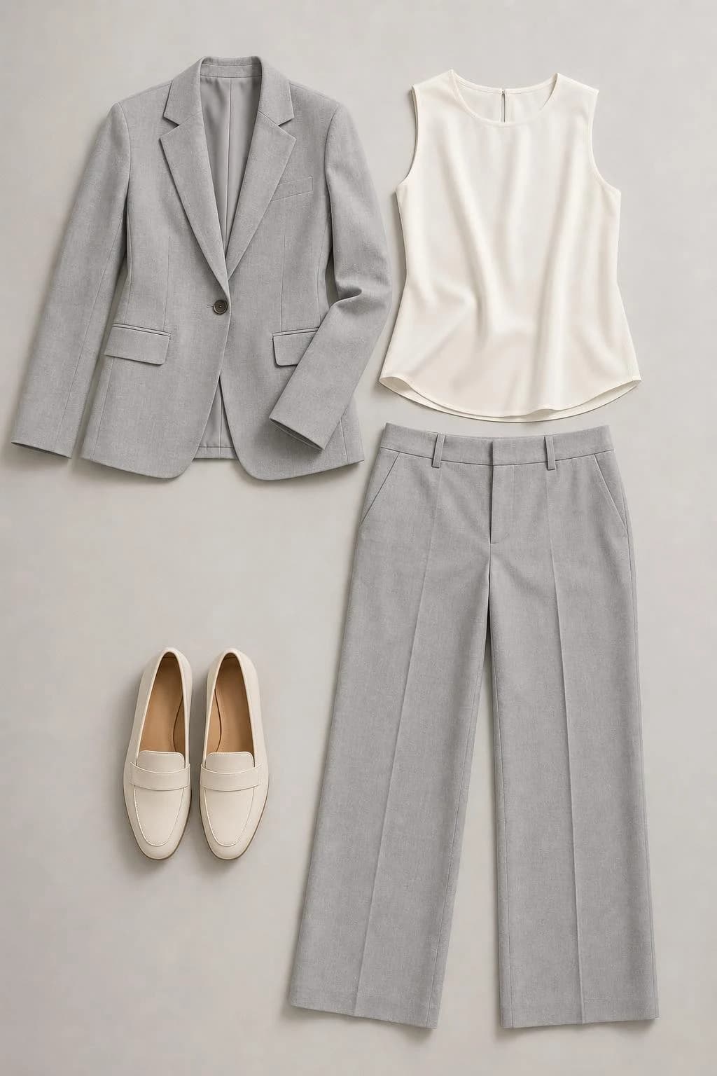Light gray blazer and straight-leg trousers, ivory shell top and cream loafers