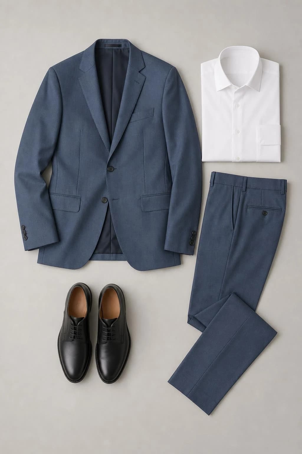 Steel blue suit, white button-down shirt and black leather derbies