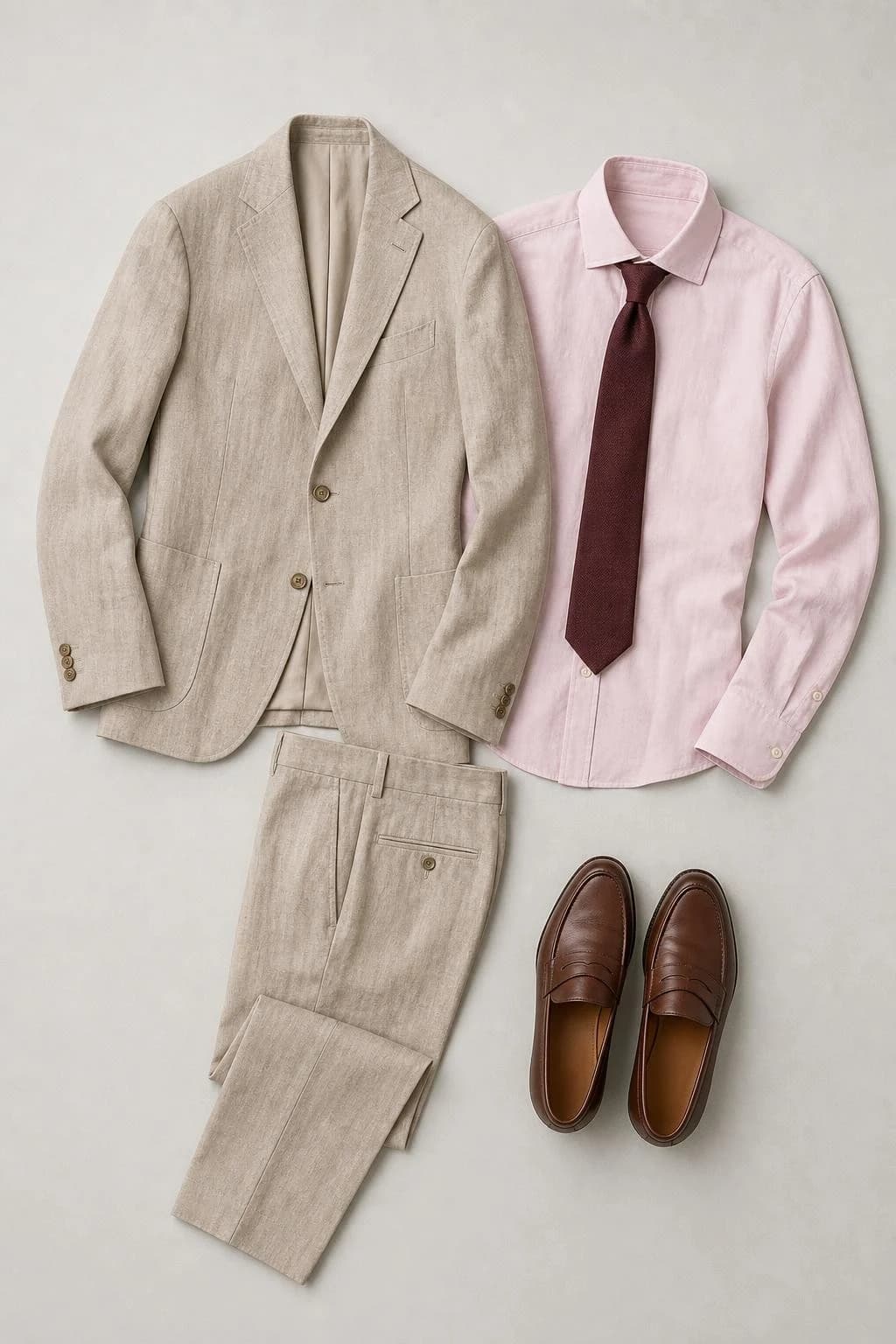 Stone linen suit, pale pink shirt, burgundy tie and brown loafers