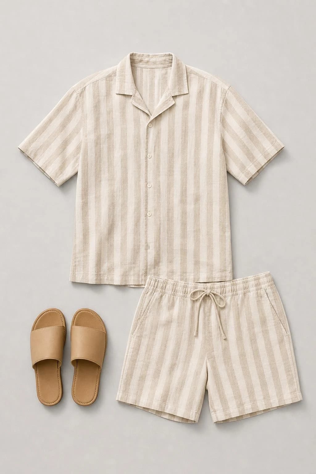 Beige and cream striped linen shirt and shorts with tan slide sandals