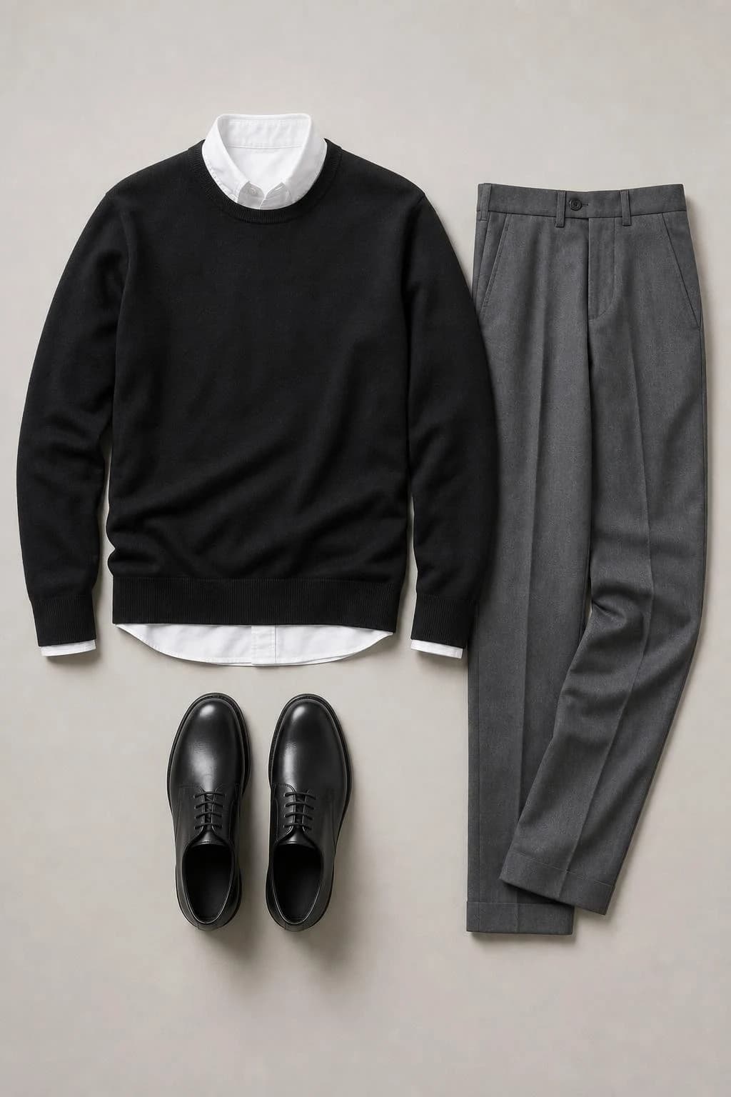 Black crew-neck sweater over a white collared shirt, gray trousers and black derbies